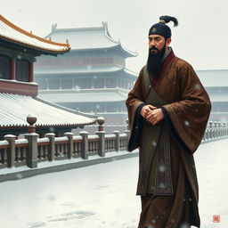 A Ming Dynasty official walking through the Forbidden City during a heavy snowfall at dawn, portrayed in traditional Chinese paint style