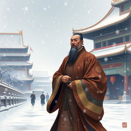 A Ming Dynasty official walking through the Forbidden City during a heavy snowfall at dawn, portrayed in traditional Chinese paint style