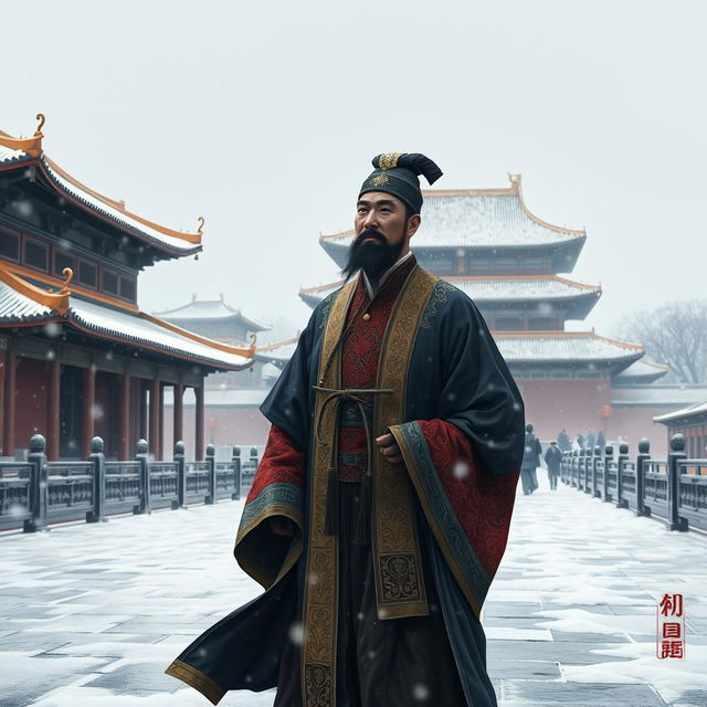 A Ming Dynasty official walking through the Forbidden City during a heavy snowfall at dawn, portrayed in traditional Chinese paint style