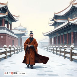 A Ming Dynasty official walking through the Forbidden City during a heavy snowfall at dawn, portrayed in traditional Chinese paint style