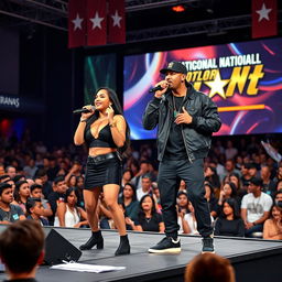 A Hispanic boyfriend and girlfriend duo, both in stylish rapper outfits, are on stage holding microphones and performing an animated rap