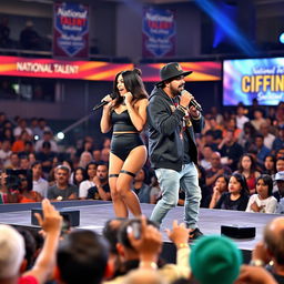 A Hispanic boyfriend and girlfriend duo, both in stylish rapper outfits, are on stage holding microphones and performing an animated rap