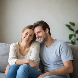 A relaxed and casual couple enjoying time together in a homely setting. Their happiness and comfort with each other is evident in their natural expressions and body language.