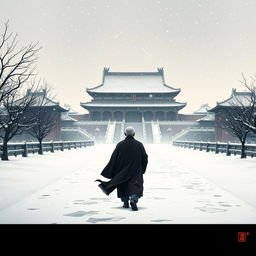 A small silhouette of an elderly Ming Dynasty official walking along the path to the Forbidden City in heavy snowfall at dawn, depicted in traditional Chinese painting style