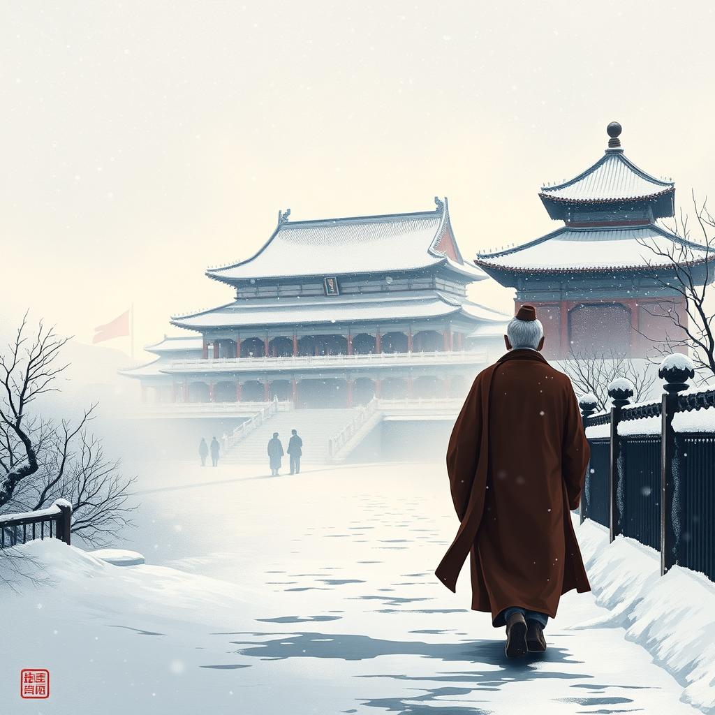 A small silhouette of an elderly Ming Dynasty official walking along the path to the Forbidden City in heavy snowfall at dawn, depicted in traditional Chinese painting style