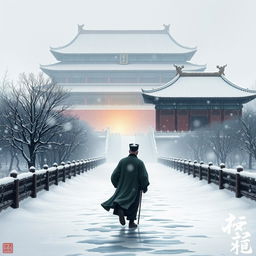 A small silhouette of an elderly Ming Dynasty official walking along the path to the Forbidden City in heavy snowfall at dawn, depicted in traditional Chinese painting style