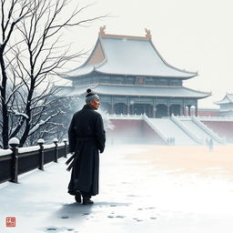 A small silhouette of an elderly Ming Dynasty official walking along the path to the Forbidden City in heavy snowfall at dawn, depicted in traditional Chinese painting style