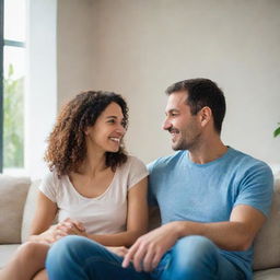 A relaxed and casual couple enjoying time together in a homely setting. Their happiness and comfort with each other is evident in their natural expressions and body language.