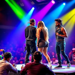 A Hispanic boyfriend and girlfriend duo, both in stylish rapper outfits, stand on stage with the boyfriend holding a microphone