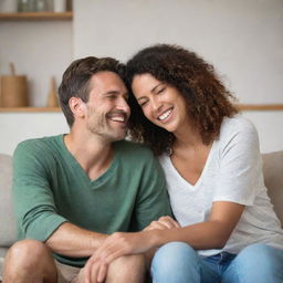 A relaxed and casual couple enjoying time together in a homely setting. Their happiness and comfort with each other is evident in their natural expressions and body language.