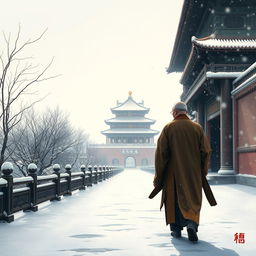 An elderly Ming Dynasty official dressed in an official robe, depicted as a small silhouette walking along the path to the Forbidden City during a heavy snowfall at dawn, captured in traditional Chinese painting style