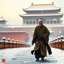 An elderly Ming Dynasty official dressed in an official robe, depicted as a small silhouette walking along the path to the Forbidden City during a heavy snowfall at dawn, captured in traditional Chinese painting style