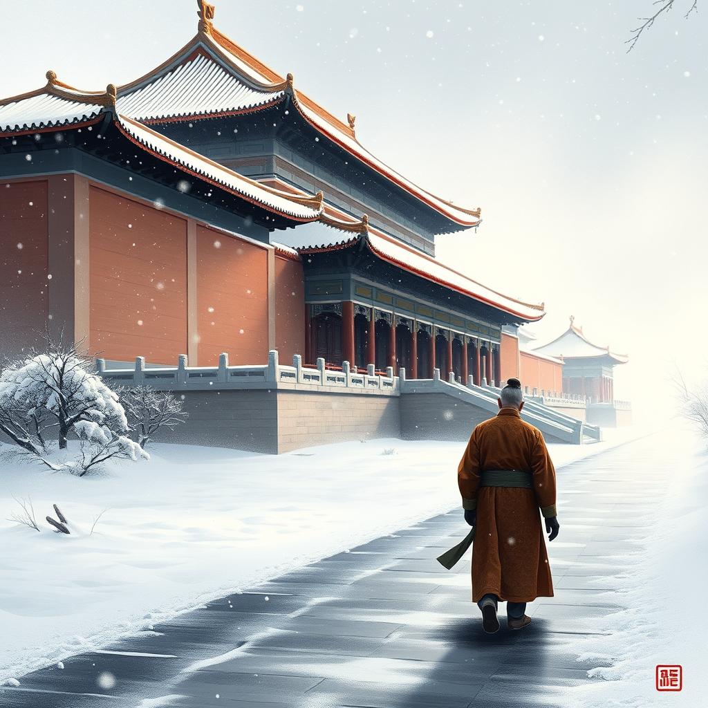 An elderly Ming Dynasty official dressed in an official robe, depicted as a small silhouette walking along the path to the Forbidden City during a heavy snowfall at dawn, captured in traditional Chinese painting style