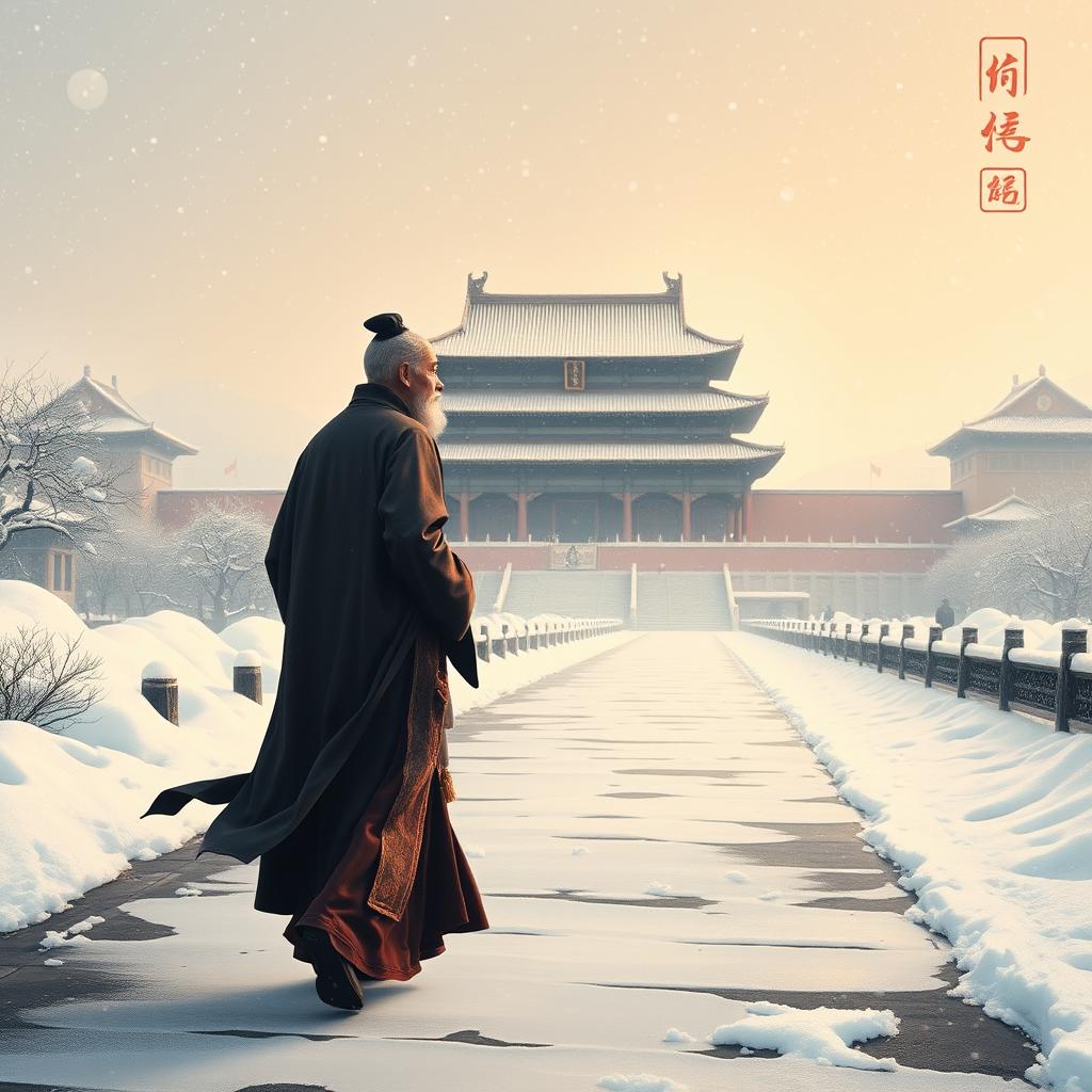 An elderly Ming Dynasty official dressed in an official robe, depicted as a small silhouette walking along the path to the Forbidden City during a heavy snowfall at dawn, captured in traditional Chinese painting style