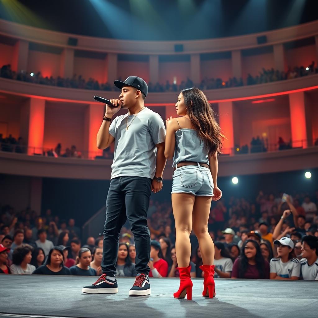 A Hispanic boyfriend and girlfriend duo stands on a grand stage, both wearing stylish rapper outfits