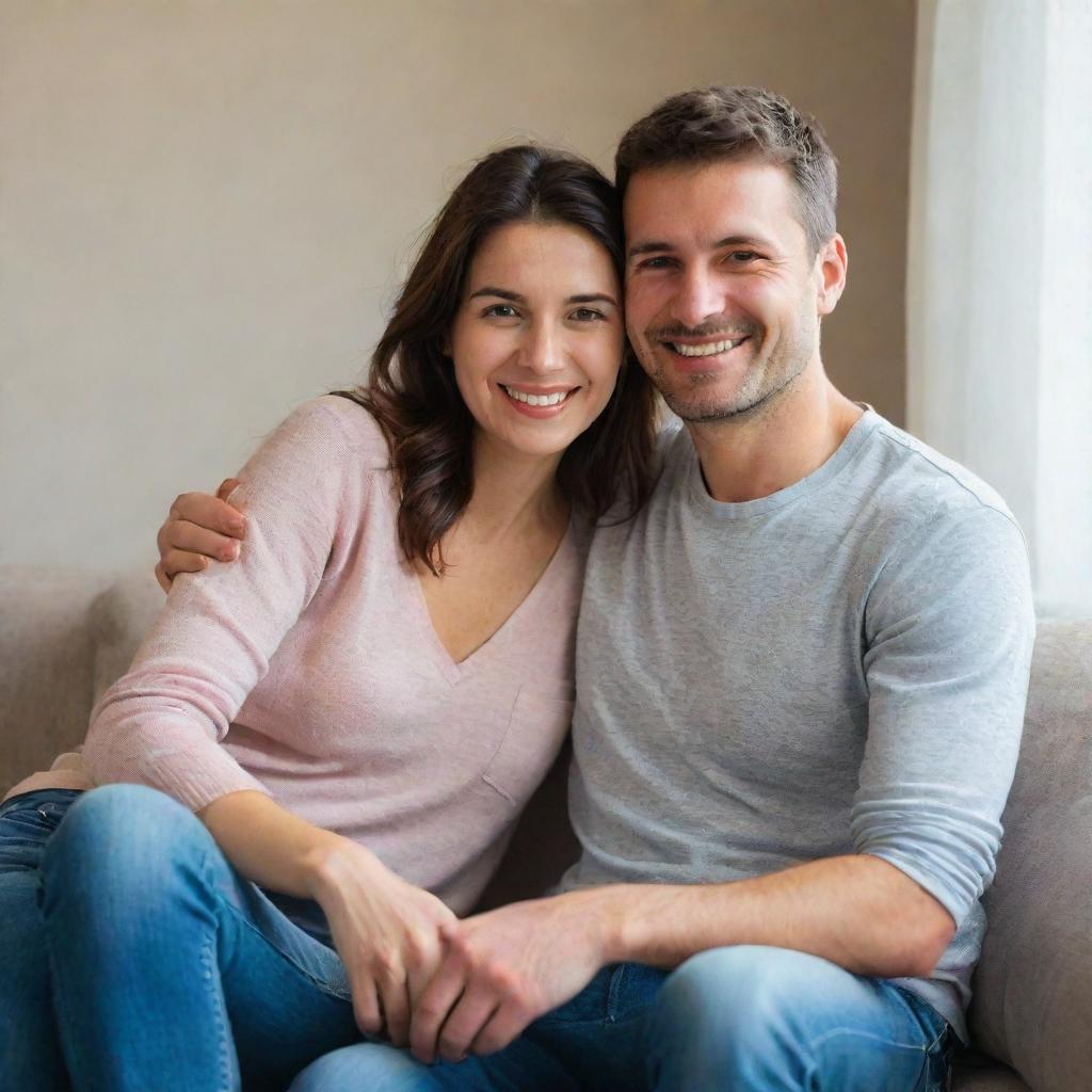 A relaxed and casual couple enjoying time together in a homely setting. Their happiness and comfort with each other is evident in their natural expressions and body language.