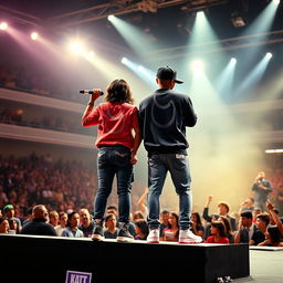 A Hispanic boyfriend and girlfriend duo stands on a grand stage, both wearing stylish rapper outfits