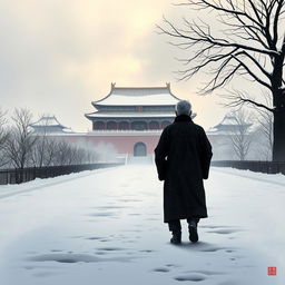 A small silhouette of an elderly Ming Dynasty official walking along the path to the Forbidden City during a heavy snowfall at dawn, illustrated in the style of traditional Chinese painting