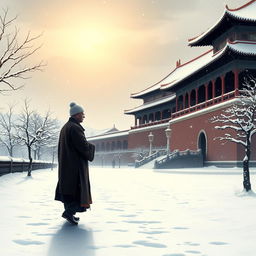 A small silhouette of an elderly Ming Dynasty official walking along the path to the Forbidden City during a heavy snowfall at dawn, illustrated in the style of traditional Chinese painting