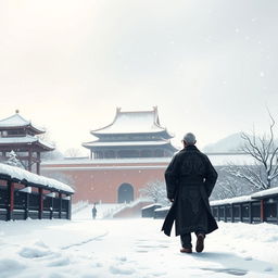 A small silhouette of an elderly Ming Dynasty official walking along the path to the Forbidden City during a heavy snowfall at dawn, illustrated in the style of traditional Chinese painting