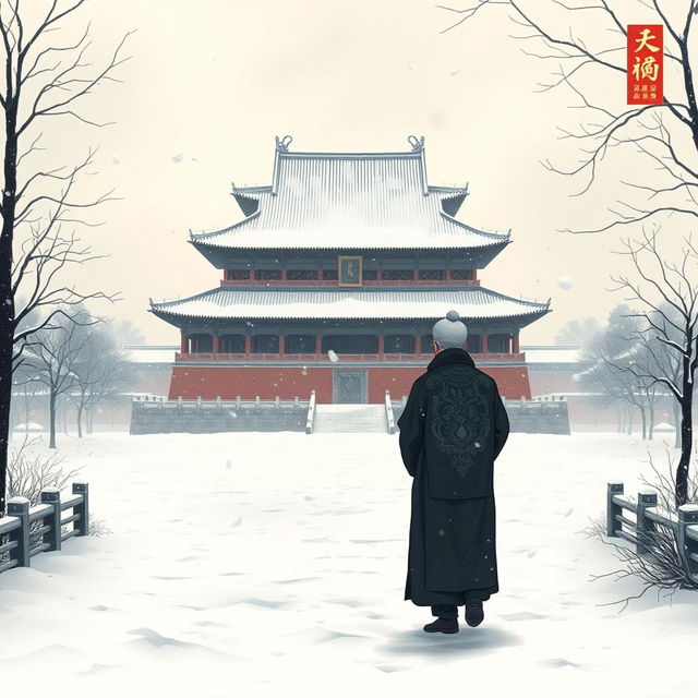 A small silhouette of an elderly Ming Dynasty official walking along the path to the Forbidden City during a heavy snowfall at dawn, illustrated in the style of traditional Chinese painting