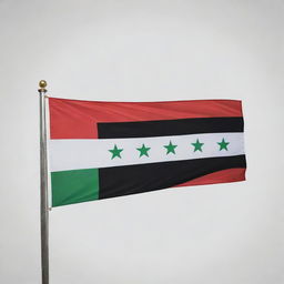 Generate the Syrian government's flag in its official colors: red, white, and black horizontal stripes with two green stars centered on the white stripe.