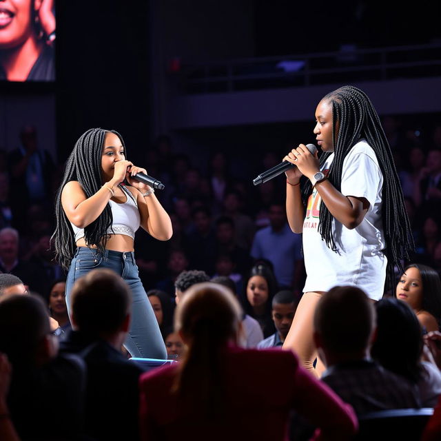 A dynamic rap battle taking place on stage between a Hispanic girl and an African American girl with long dark braids