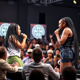 A dynamic rap battle taking place on stage between a Hispanic girl and an African American girl with long dark braids