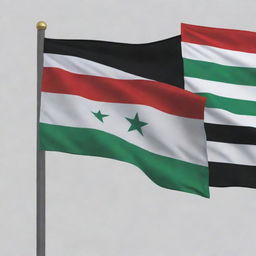 Generate the Syrian government's flag in its official colors: red, white, and black horizontal stripes with two green stars centered on the white stripe.