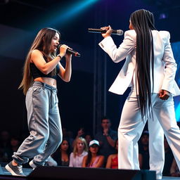 A Hispanic girl with long brown hair is energetically rapping on stage, dressed in a stylish rapper outfit featuring gray sweatpants and a black crop top