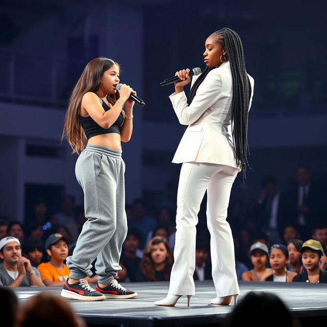 A Hispanic girl with long brown hair is energetically rapping on stage, dressed in a stylish rapper outfit featuring gray sweatpants and a black crop top