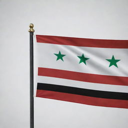 Generate the Syrian government's flag in its official colors: red, white, and black horizontal stripes with two green stars centered on the white stripe.