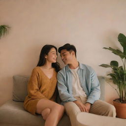 A casually dressed couple surrounded by a well-designed, aesthetic environment with sooth colours. They appear comfortable and relaxed under soft and warm lighting, creating lowkey vibes.