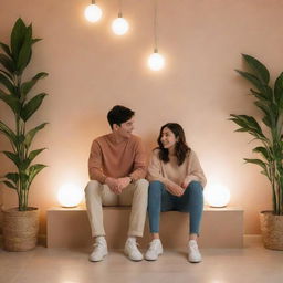 A casually dressed couple surrounded by a well-designed, aesthetic environment with sooth colours. They appear comfortable and relaxed under soft and warm lighting, creating lowkey vibes.