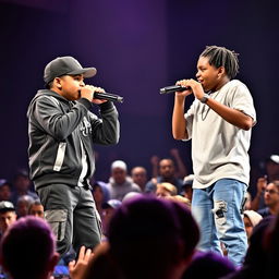 An intense rap battle on stage features a Hispanic boy dressed in a stylish rapper outfit with gray accents, passionately rapping against an African American boy, who matches him with his own energetic performance