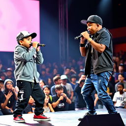 An intense rap battle on stage features a Hispanic boy dressed in a stylish rapper outfit with gray accents, passionately rapping against an African American boy, who matches him with his own energetic performance