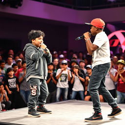 An intense rap battle on stage features a Hispanic boy dressed in a stylish rapper outfit with gray accents, passionately rapping against an African American boy, who matches him with his own energetic performance