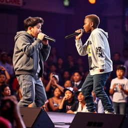 An intense rap battle on stage features a Hispanic boy dressed in a stylish rapper outfit with gray accents, passionately rapping against an African American boy, who matches him with his own energetic performance