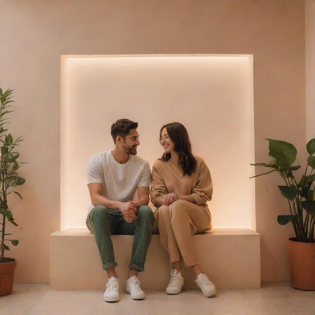 A casually dressed couple surrounded by a well-designed, aesthetic environment with sooth colours. They appear comfortable and relaxed under soft and warm lighting, creating lowkey vibes.