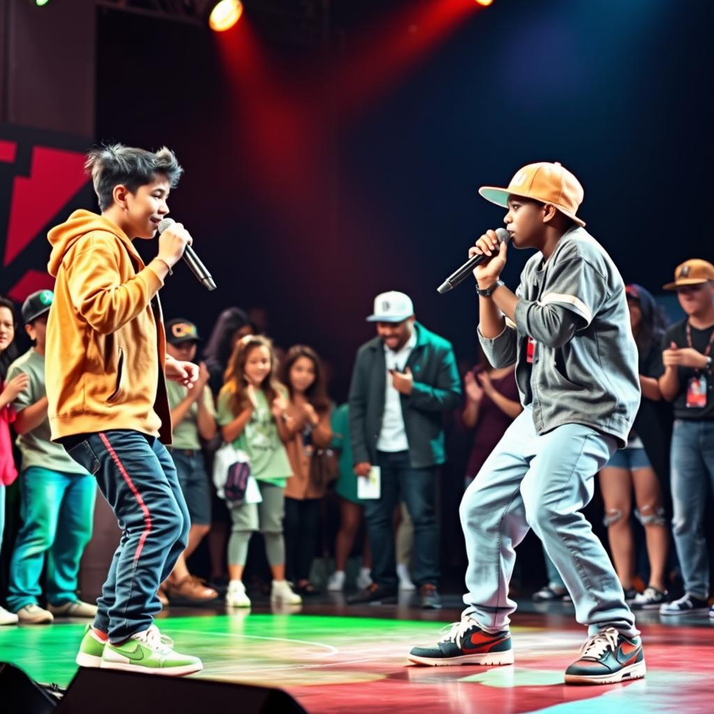 An exciting rap battle on stage features a Hispanic boy in a trendy rapper outfit, passionately performing against an African American boy, who matches his energy with an impressive flow