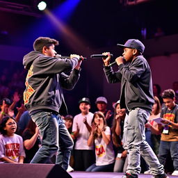 An exciting rap battle on stage features a Hispanic boy in a trendy rapper outfit, passionately performing against an African American boy, who matches his energy with an impressive flow