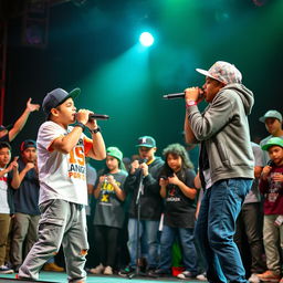 An exciting rap battle on stage features a Hispanic boy in a trendy rapper outfit, passionately performing against an African American boy, who matches his energy with an impressive flow