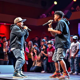 An exciting rap battle on stage features a Hispanic boy in a trendy rapper outfit, passionately performing against an African American boy, who matches his energy with an impressive flow