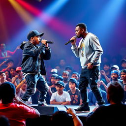 An exhilarating rap battle on stage features a Hispanic boy in a trendy rapper outfit, showcasing his talent as he raps against an African American boy, who is equally passionate and skilled