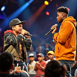 An exhilarating rap battle on stage features a Hispanic boy in a trendy rapper outfit, showcasing his talent as he raps against an African American boy, who is equally passionate and skilled