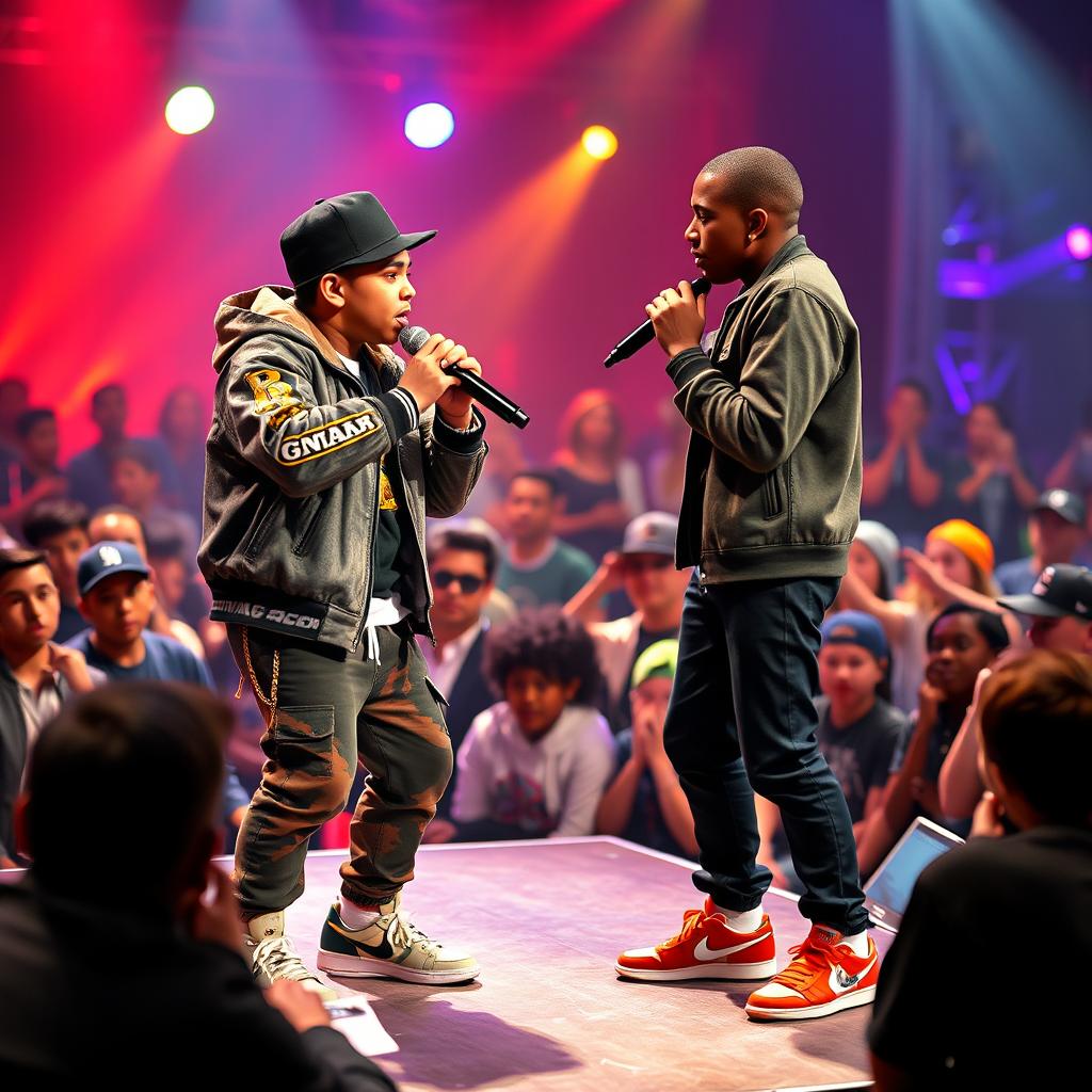 An exhilarating rap battle on stage features a Hispanic boy in a trendy rapper outfit, showcasing his talent as he raps against an African American boy, who is equally passionate and skilled