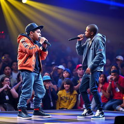 An exhilarating rap battle on stage features a Hispanic boy in a trendy rapper outfit, showcasing his talent as he raps against an African American boy, who is equally passionate and skilled