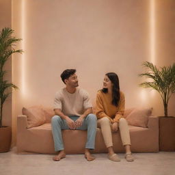 A casually dressed couple surrounded by a well-designed, aesthetic environment with sooth colours. They appear comfortable and relaxed under soft and warm lighting, creating lowkey vibes.