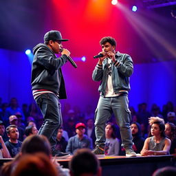 A thrilling rap battle unfolds on stage, featuring a tall Hispanic boy in a stylish rapper outfit, confidently rapping against a tall, cute African American boy, who brings his own charismatic flair to the competition