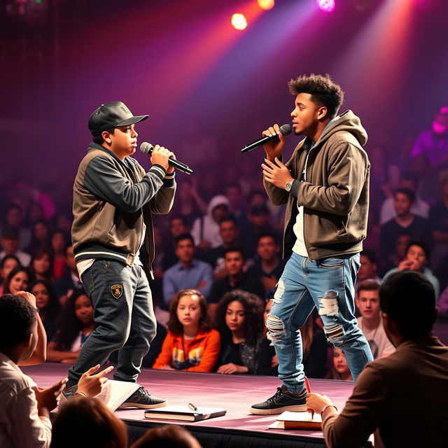 A thrilling rap battle unfolds on stage, featuring a tall Hispanic boy in a stylish rapper outfit, confidently rapping against a tall, cute African American boy, who brings his own charismatic flair to the competition